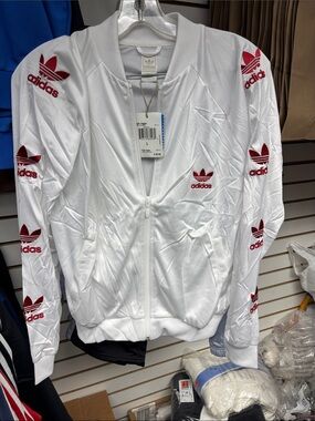adidas White Track Jacket with Red Trefoil Accents